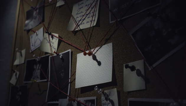 Investigation board red string photo note pin clue shadow dark connects complex mystery evidence map on cork board for crime research