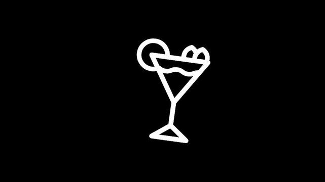 Stylized white line art of a martini glass with garnish on a black background