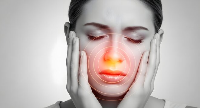 Woman touching her cheek with red glowing circles. Severe sinus pain or upper toothache concept. Female patient suffering from facial pain