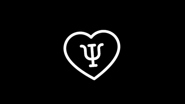 White psi symbol inside a heart outline on a black background, representing psychology