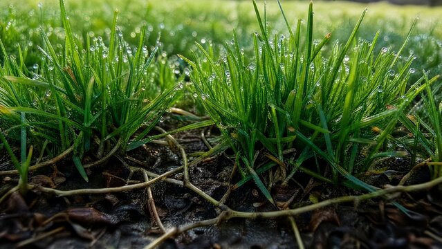 Lush green lawn with stolon network connecting grass clusters, morning dew.