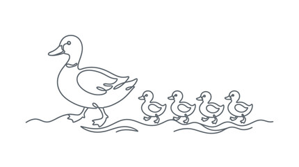 Mother Duck and Ducklings Single Line Drawing, Walking in Water © lobes