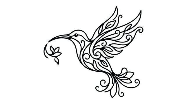 Elegant hummingbird silhouette with floral ornament, vector illustration