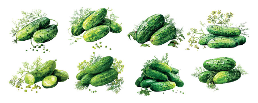 Various piles of green cucumbers with fresh dill and peppercorns, creating a vibrant watercolor illustration for food, gardening, and healthy lifestyle themes