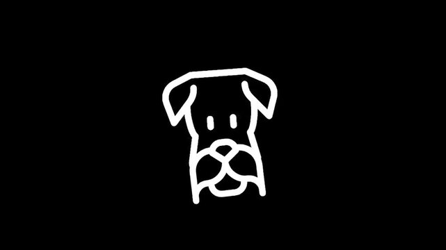 Minimalist white line drawing of a schnauzer dog's face on a black background