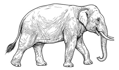 Realistic Elephant Animal Engraving Style Illustration Detailed Wildlife Mammal Drawing Isolated on White Background © SobujChandra