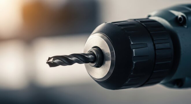 Extreme close-up view of a powerful electric drill bit inserted into its chuck, ready for action.