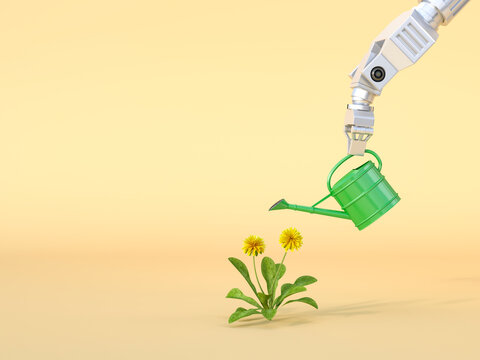 3D Rendering, Robot claw watering flowers