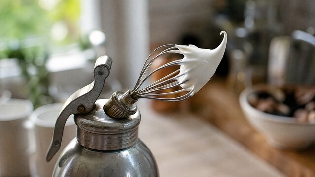 Vintage metal cream whipper creating a sharp peak of froth.