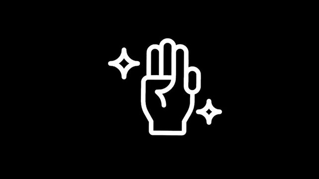 White outline of a hand with three fingers raised and sparkling stars on a black background