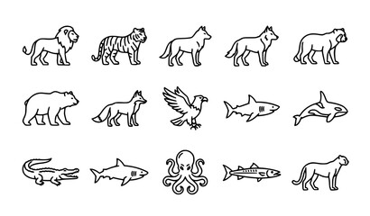 Hand Drawn Wildlife Animal Icon Set with Predators Marine Creatures Birds and Forest Animals © SobujChandra