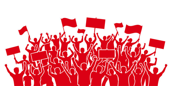 A crowd of people protesting with flags and signs in a public demonstration