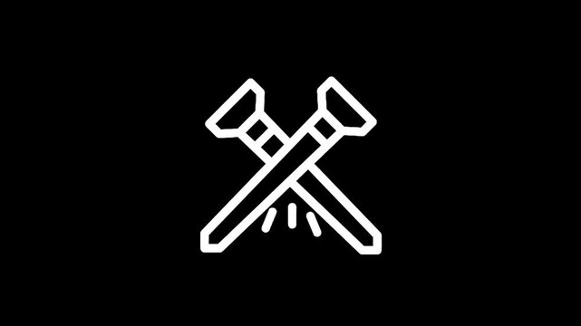 Simple white line art icon of two crossed screws on a black background