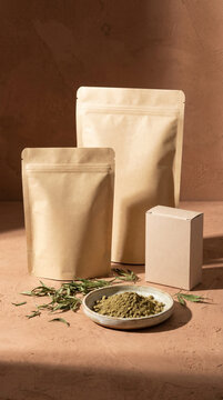 Hemp Leaf Pouch Packaging Mockup In Hard Sunlight With Earthy Retail Styling