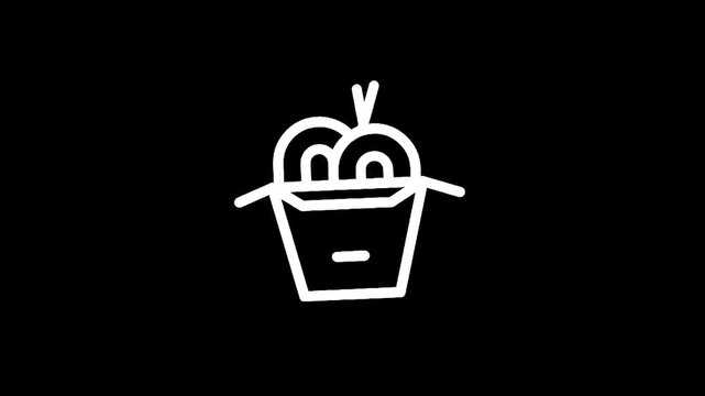 Simple line art icon of noodles in a takeout box with chopsticks on a black background
