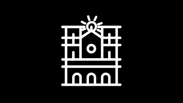 Minimalist white line art icon of a gothic cathedral on a black background