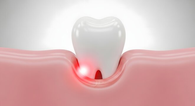 Single white tooth set in pink gum with red glowing root. Dental pain and gum inflammation concept. Medical model showing gingivitis infection and toothache