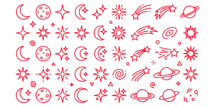 A vibrant illustration of various celestial icons including stars, planets, and moons.