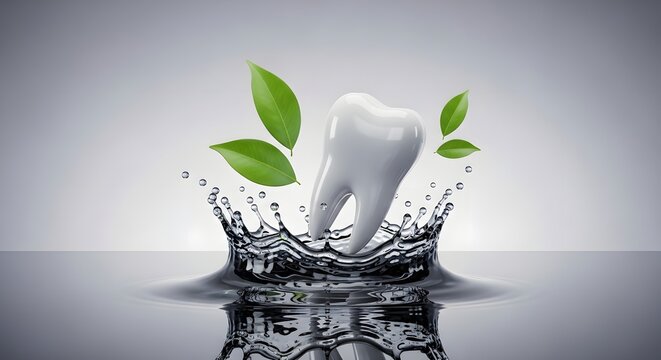 White tooth splashing into clear water with green leaves. Natural oral care and fresh breath concept. Clean dental model falling into liquid creating ripples