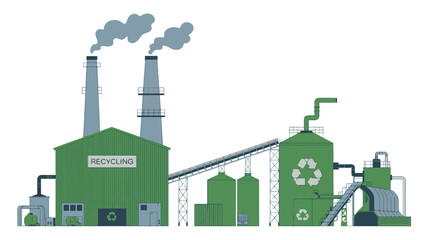 Obraz premium Green recycling factory with smokestacks and storage tanks illustration