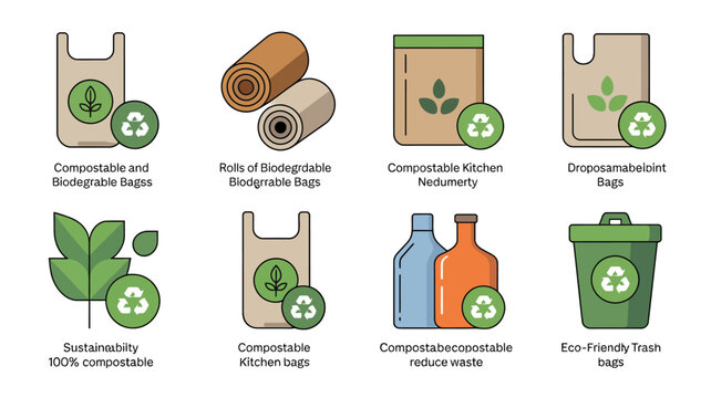 Set of eight eco-friendly and compostable bag icons with recycling symbols