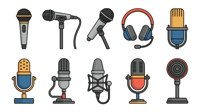 Set of ten different microphones and headset icons for media and communication design
