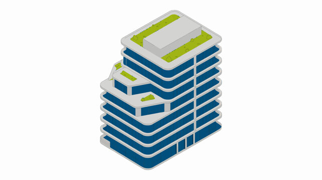 Isometric stack of modern apartment buildings with green roofs