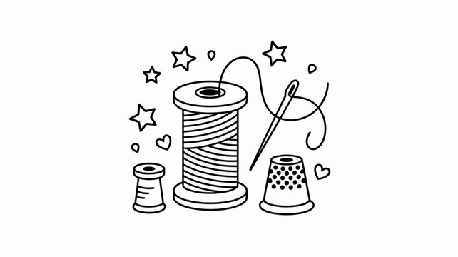 Cute sewing illustration with thread, needle, spool, and thimble