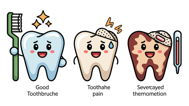 Cartoon teeth characters showing good dental care, toothache pain, and severe decay with thermometer