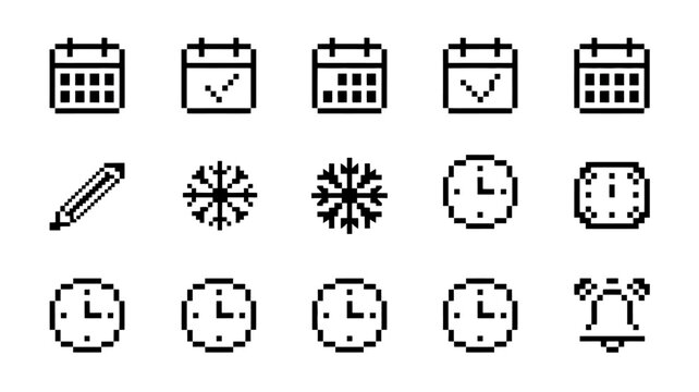Flat pixel art icons set of calendar, clock, pencil, snowflake, and alarm symbols