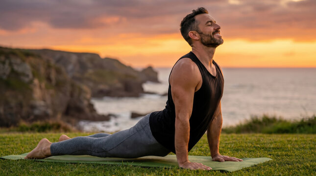 Smiling man practicing cobra pose on a green yoga mat on the grass with a rocky coastal ocean backdrop during a golden sunset