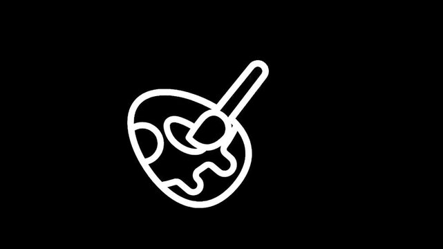 Simple white outline icon of a painter's palette with a brush and colorful paints on a black background