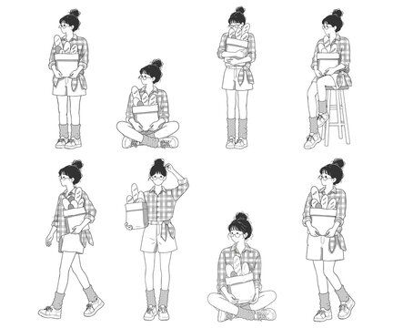 Bread Shopping Girl Pose Set Black Line Art Illustration