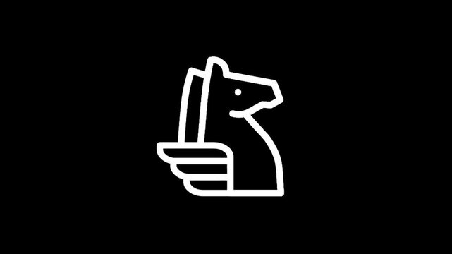 Minimalist white chess knight icon on a stark black background, representing strategy and intellect