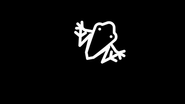 Minimalist white frog icon on a black background, simple line art illustration