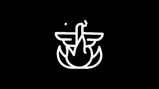 Stylized white phoenix rising from flames on a black background, minimalist icon