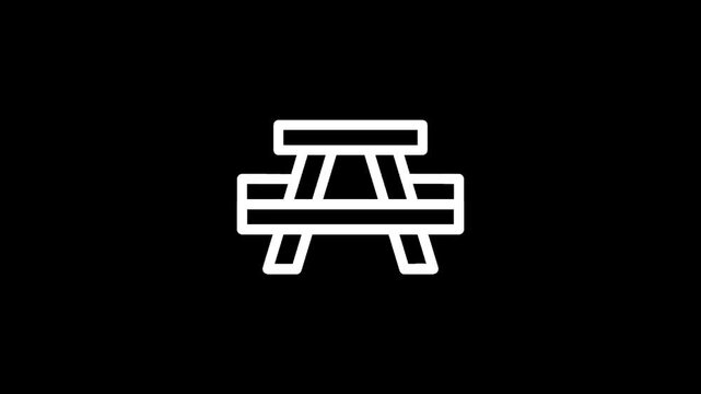 Simple white outline icon of a picnic table on a black background