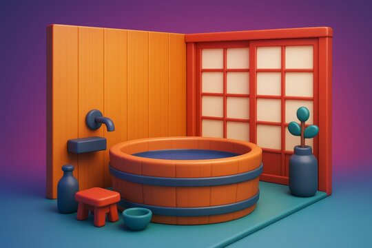 Japanese-style wooden bath interior with modern minimalistic objects in playful 3D cartoon look on colorful gradient background. Ai generative