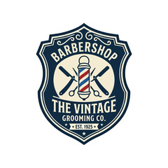 Fototapeta premium Vintage Barbershop Logo with Barber Pole and Shears