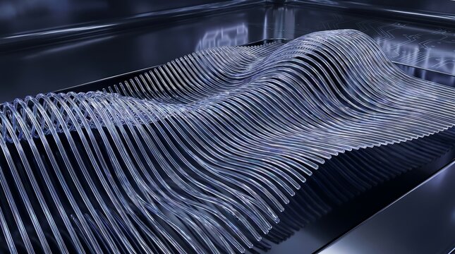 Abstract futuristic 3D geometric surface texture in metallic blue and silver with dynamic light reflection
