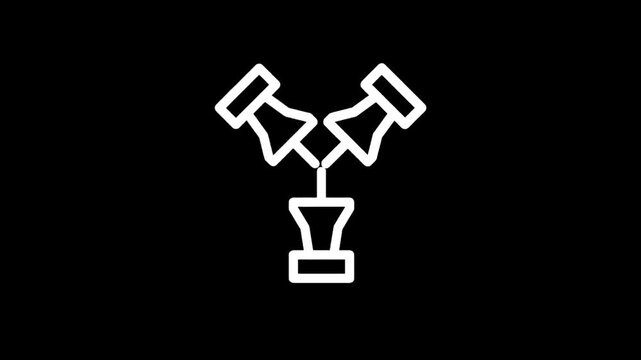 Three white push pins forming a Y shape on a black background, minimalist icon