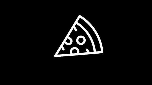 Simple white outline of a pizza slice with pepperoni on a black background
