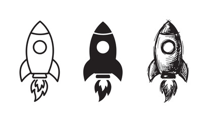 Collection of four simple castle icons with a single tall central tower, presented in outline, solid, and detailed hand-drawn sketch styles © Ірина Гринюк