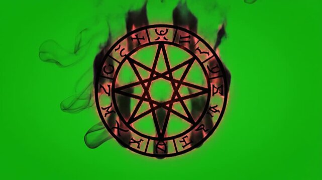 Cinematic Green Screen Footage Of A Pentagram Symbol Surrounded By Flames For VFX Overlays And Motion Graphics In A Mystical Theme