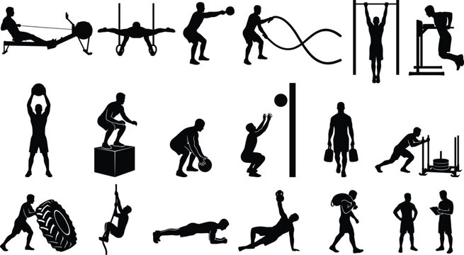 High-intensity interval training silhouette icons set featuring functional fitness exercises, gym workouts, and cross-training athletic movements.
