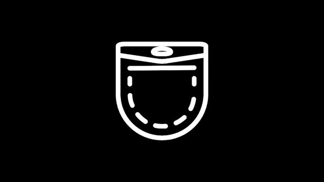 Simple white outline icon of a pocket with a button closure on a black background