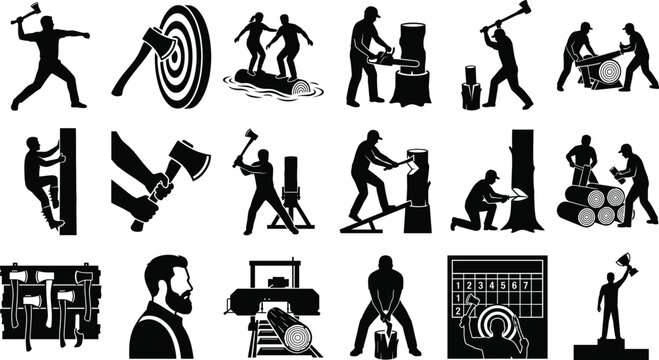 Lumberjack and timber industry black silhouette icons vector set featuring woodcutting, axe throwing, and forestry competition elements