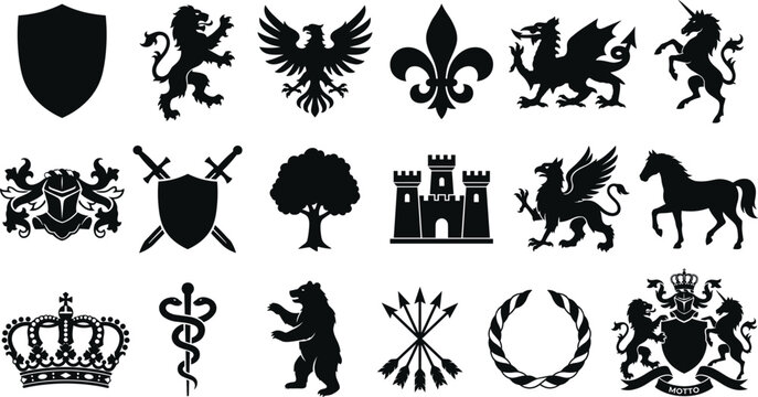 Medieval heraldic symbols and coat of arms elements vector silhouette set featuring lions dragons shields crowns and mythical creatures