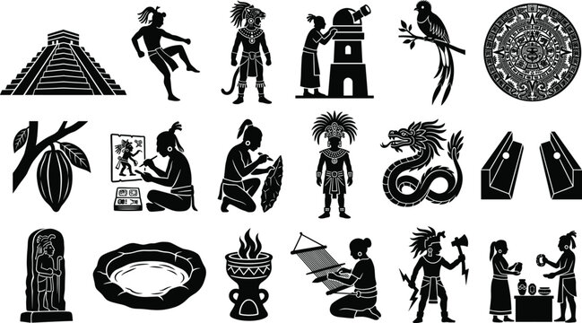 Mesoamerican and Maya civilization culture black silhouette icons collection featuring historical elements, daily life, ritual, and architecture