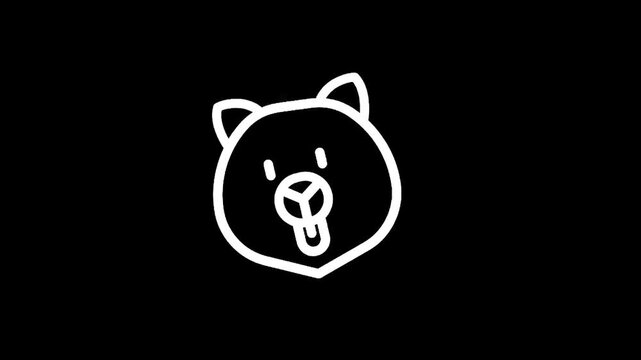 Simple white line drawing of a cute bear face with tongue sticking out on black background